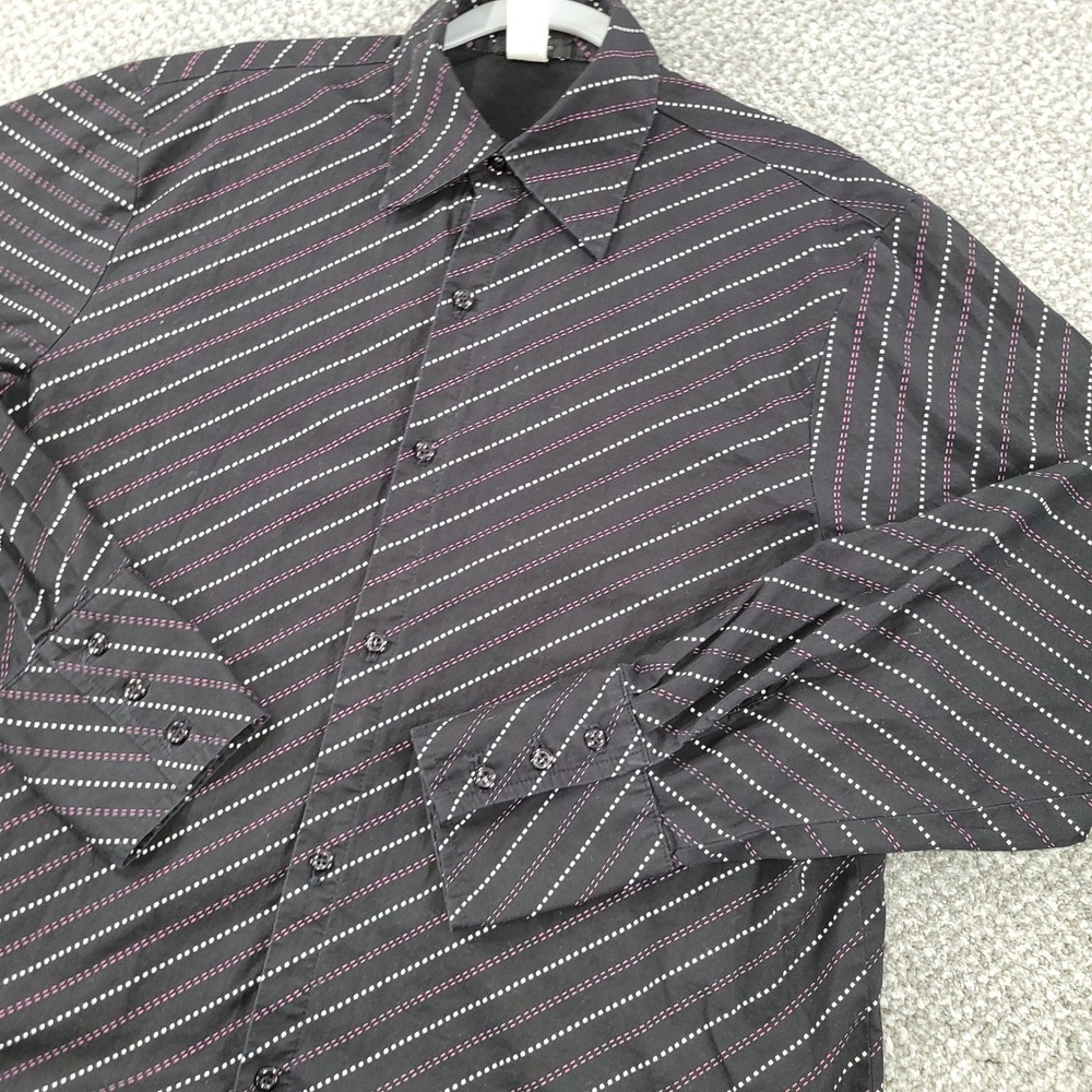 Pop Icon Mens Size Large Black Diagonal Dotted Stripe Button Up Shirt Pink White